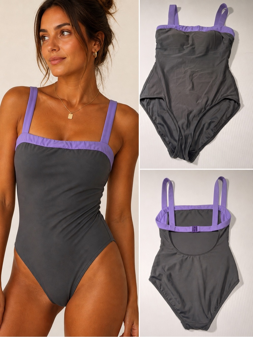 INC International Concepts One Piece Swimsuit Gray Purple Trim Size 10
